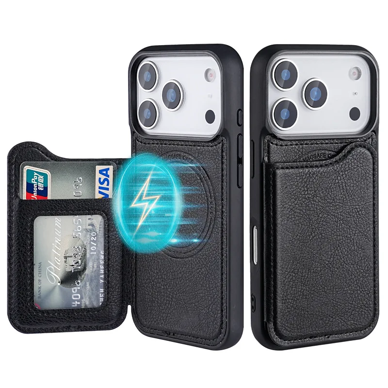 Leather Wallet Card Holder Phone Cover - Para Magsafe funda de teléfono con